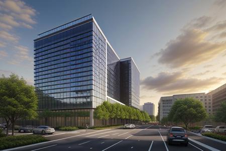 masterpiece,realistic,best quality,high-rise office building,architectural renderings,horizen facade,rendered renderings,tree,vehicle,landscape,cloudy_sky,road,street,city,curtain wall,high-rise complex,