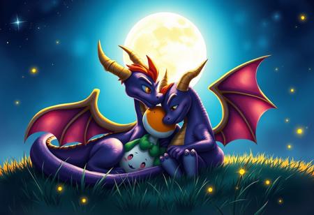 "Spyro and Yoshi share a quiet, intimate moment under a glowing, star-filled sky. They rest together on a grassy hill, bathed in the soft blue hues of moonlight, their eyes reflecting the warmth and trust they share. Spyro’s wings are slightly curled, his golden horns catching the celestial glow, while Yoshi leans in, their foreheads gently touching in a tender display of affection. Fireflies drift lazily around them, adding a magical atmosphere. The art style is a mix of fantasy realism and soft painterly textures, evoking a dreamlike, romantic ambiance. The color palette features deep purples, blues, and gentle warm highlights, emphasizing the serene yet passionate connection between them."   They are naked and are having anal sex.