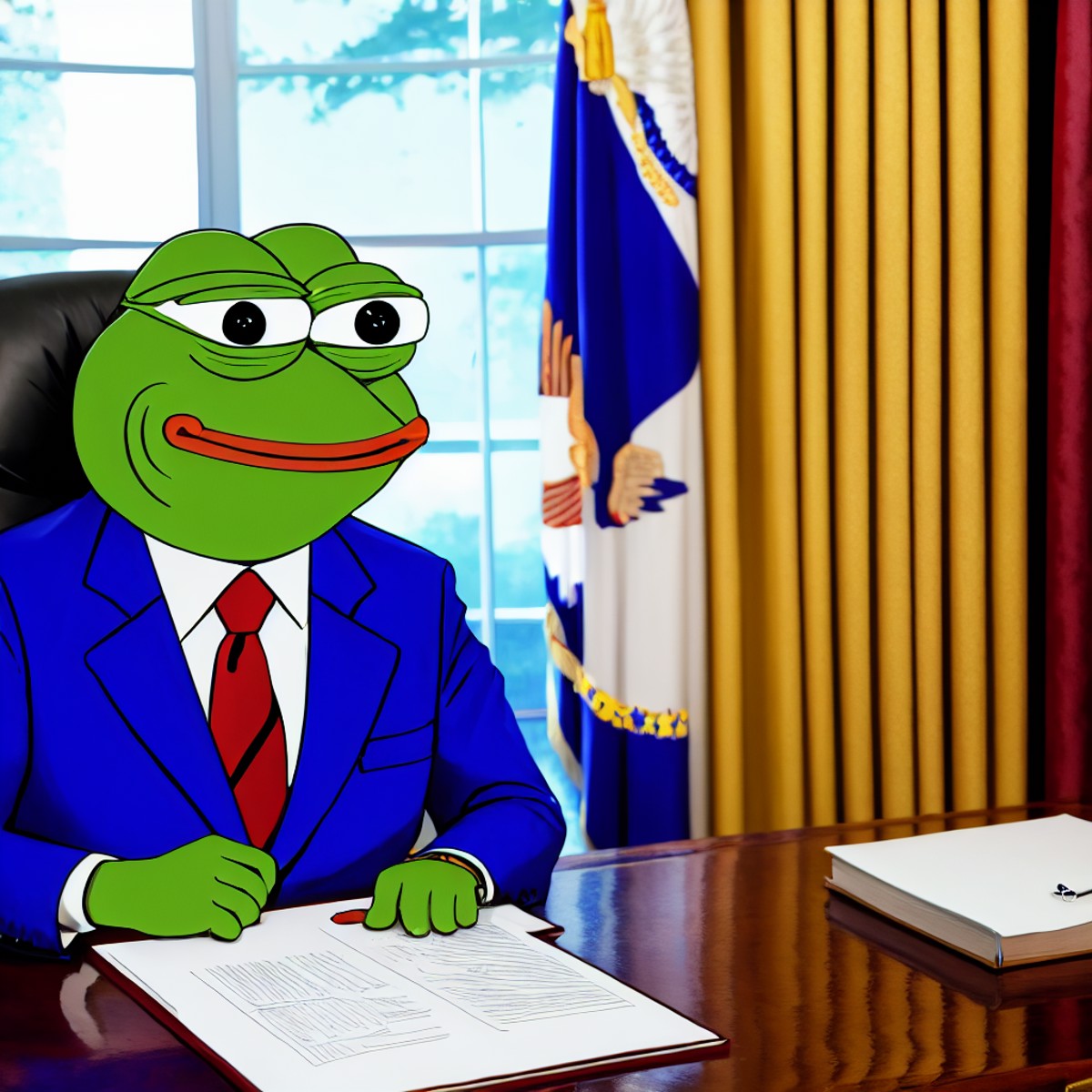cartoon PepeFrog dressed in a suit as president of the united states in the oval office <lora:PepeFrog:0.7>