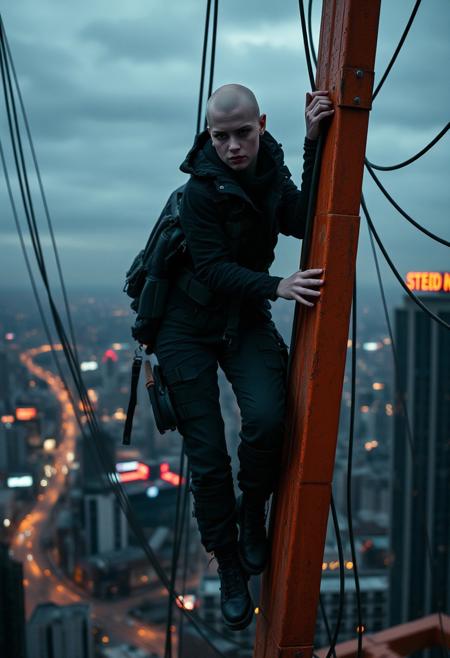 This is a photograph featuring a futuristic, gritty urban setting. The primary subject is a bald, pale-skinned young woman  with a petite build, dressed in a dark, rugged, tactical outfit that includes a  jacket and pants. She has several tattoos on her hands and arms. She is climbing a large, industrial, orange-painted metal structure, likely part of a skyscraper or a high-rise building. The structure has numerous wires and cables attached to it, adding to the dystopian aesthetic.
In the background, the cityscape is dimly lit with a mix of neon lights and street lamps, creating a moody, almost apocalyptic atmosphere. The sky is overcast, with a muted blue-gray hue, suggesting either early morning or late evening. The overall color palette is dominated by grays, blacks, and the orange of the structure, with splashes of red and yellow from the city lights. The man's expression is intense and focused, suggesting a sense of urgency or purpose.
The photograph is likely taken with a high-resolution camera, capturing fine details such as the texture of the man's clothing, the rust on the metal structure, and the intricate patterns of the city lights.