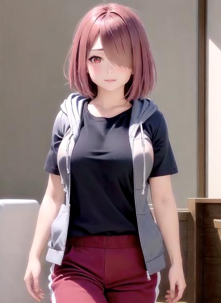 realistic, 1girl, solo,  <lora:hoshino_miyako-v2:0.8>, hoshino_miyako, red hair, red eyes, hair over one eye, short hair, indoors, track pants, black shirt, large breasts, t-shirt, open jacket, hood, short sleeves, grey hoodie