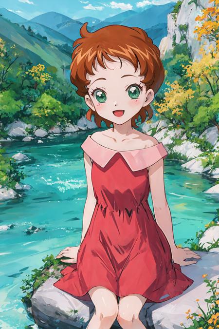 sndsuzuka, child, very short hair, brown hair, green eyes, bangs, collarbone, off-shoulder dress, red dress, sleeveless dress, short dress, :d, sitting, mountain, river  <lora:sounanda-suzuka-3:1>