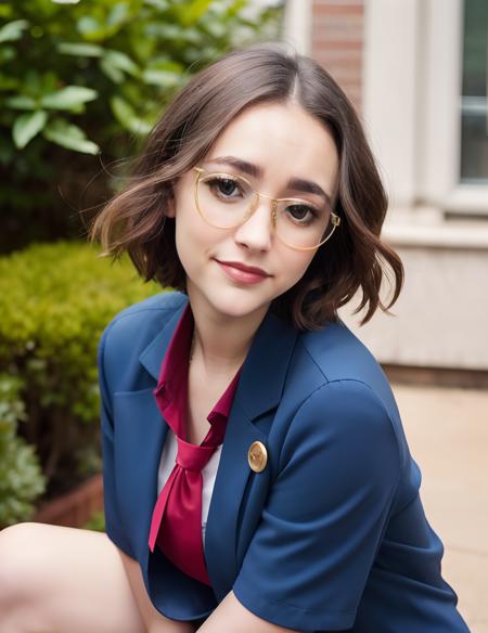 ashley-boettcher:0.65, black straight bobcut, bangs, white rim square eyeglasses, dark blue short sleeve jacket with gold buttons, red necktie, red skirt, black shirt, black knee socks, high boots, BREAK masterpiece:1.2, absurdres:1.1, best quality, 8k raw photo, photorealistic, subsurface scattering, cinematic lighting