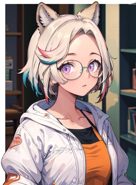 best quality, (masterpiece),(ultra-detailed), (high quality), (high resolution), <lora:funabyvt:0.7> funabyvt, animal ears, short hair, glasses, multicolored hair, purple eyes