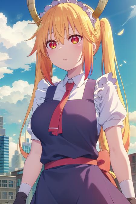 dragontohru, <lora:dragon tohru s2-lora-nochekaiser:1>, 
tohru, tohru \(maidragon\), long hair, bangs, blonde hair, hair between eyes, twintails, very long hair, multicolored hair, horns, fang, gradient hair, dragon horns, (red eyes:1.3), (slit pupils:1.5),
BREAK gloves, dress, tail, short sleeves, necktie, white gloves, maid, maid headdress, dragon girl, dragon tail, scales, large tail,
BREAK outdoors, sun, sky, clouds, city,
BREAK looking at viewer, (cowboy shot:1.5),
BREAK <lyco:GoodHands-beta2:1>, (masterpiece:1.2), best quality, high resolution, unity 8k wallpaper, (illustration:0.8), (beautiful detailed eyes:1.6), extremely detailed face, perfect lighting, extremely detailed CG, (perfect hands, perfect anatomy),