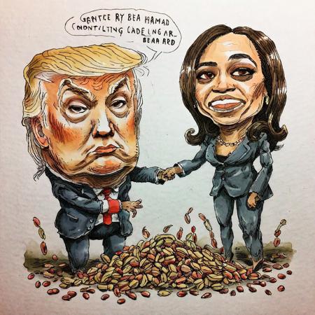 (extremely rough:1.5) (hand drawn:1.5) ink and color  (sketch:1.5) of Donald Trump and Kamala Harris counting and dividing beans, caricature  in cuneo style, (full character:1.4),   (irregular lines:1.5), complete outfit, candid pose,  extremely detailed, (surreal:1.5), paper texture background