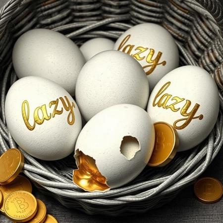 a beautiful engraving or still life of a basket of eggs, with the words "lazy" written on the eggs in gold leaf in beautiful Latin script. Some of the eggs are broken and gold coins are dripping from them.