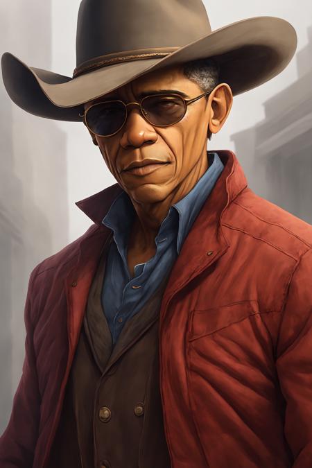 <lora:w3st:0.8>  w3st obama portrait, cowboy, red jacket, glasses