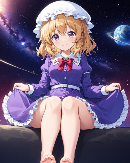 maribel hearn, 2girls, purple_dress, mob_cap, barefoot, long_sleeves, toenail_polish, smile, holding_hands, frilled_dress, white_headwear, red_ribbon, space, closed_mouth, collared_dress, back-to-back, toes, sitting, looking_at_viewer, white_shirt, feet, red_bowtie, buttons
<lora:maribel_hearn_image1596_2023-12-20-000014:1>,star-shaped_pupils,symbol-shaped_pupils,. gorgeous,key visual, vibrant, studio anime,award-winning, professional, highly detailed,high budget, cinemascope