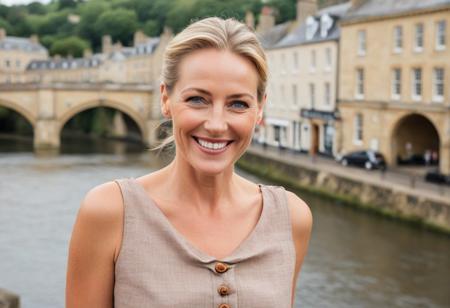 A single, hyper-detailed, ultra-high-resolution (8K) portrait of one elegant 40-year-old woman with sleek blonde hair tied back. She has striking blue eyes, natural laugh lines, and subtle wrinkles that give her a grounded, sophisticated charm. She wears a rustic-chic linen dress in soft terracotta tones, cinched with a tan leather belt, and tan ankle boots. She is standing alone on the historic Pulteney Bridge, with the River Avon and soft Georgian architecture of Bath blurred gently in the pastel-toned background, captured with shallow depth of field.