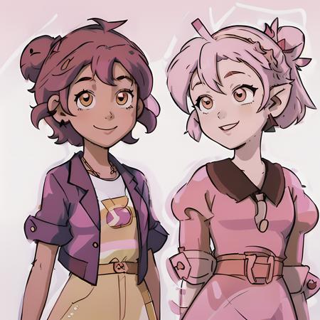 smiling, ((high resolution illustration)), ((extremely detailed)), (masterpiece), two girls, (amity with pink hair bun and (brown shaved hair:1)), (luz with short brown curly hair), (luz and amity:1.2), (luz:1), (Amity:1), <lora:LuzandAmitySeason3:1.1>, simple background, (white background)