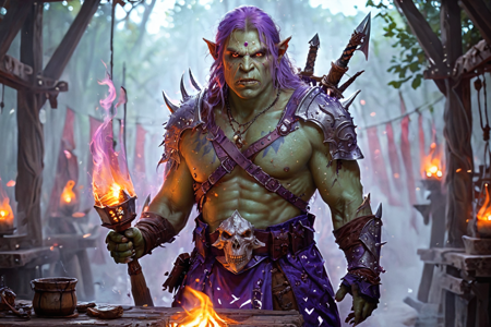 bioluminescent, an orc raider with green skin, wearing spiked armor, holding a spiked club, solo, from the Bloodfang Clan, with red war paint and bone jewelry, an orc war tent with leather walls, weapon racks, maps on a table, detailed background, brewing ale, stirring a barrel, cautious, glancing around, environment focus, wide shot, a blacksmith competition with orcs forging, sparks flying, crowds watching, wooden stakes, nearby, on volcanic ash, gray and dusty, dusty, dry air, sand swirling, harsh sunlight, evening, orange and purple sky, cooling air, soft light, best quality, vibrant colors, realistic style, high detail, high-definition, hyper-realistic, extremely high-resolution details, fine texture, incredibly lifelike, realistic, not cartoon, not drawing, highres, 4K resolution, source photo, realistic photo, masterpiece, best quality, amazing quality, very aesthetic, ultra-detailed, detailed textures, natural lighting, soft light, forest green tones, deep greens and browns, moonlight, cool silver glow, overhead shot, <lora:Mystic_Lumina_r1-000007:0.9>