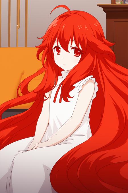 ((masterpiece)), (( best quality)), 1girl, solo, red eyes, ahoge, red hair, very long hair, long hair, white dress, [<lora:Eruku-lion8bit-noreg-000015:0.6>, upper body, looking at viewer, ((indoors)),