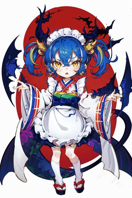 yellow eyes, apron, solo, tail, blue hair, horns, 1girl, duel monster, white background, wa maid, maid apron, open mouth, dragon girl, dragon tail, dragon horns, full body, simple background, chibi, white apron, japanese clothes, kimono, multicolored hair, standing, wide sleeves, bangs, frilled apron, twintails, hair between eyes, long sleeves, sweatdrop