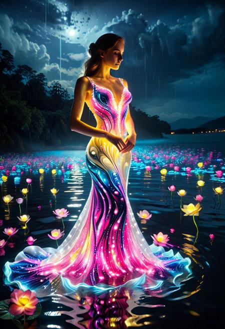 A masterpiece scene of unparalleled beauty: a young woman standing elegantly amidst a serene body of water at night, wearing a flowing gown adorned with soft glowing LED patterns, her figure illuminated against the dark reflective waters, vibrant ripples shimmering with neon hues of pink, blue, and yellow, delicate LED-lit flowers in shades of white, pink, and yellow casting an ethereal glow, ambient LED haze adding depth and a dreamlike atmosphere, dark sky above with soft LED-lit raindrops shimmering as they fall, creating glowing ripples on the water’s surface, cinematic wide shot with a limited yet vibrant neon color palette, surreal beauty and tranquil elegance captured in ultra-detailed photorealism
; colorful LED lights