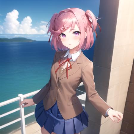 ((masterpiece)),(best quality),official art,extremely detailed CG,unity 8k wallpaper,ultra detailed,A lighthouse on a cliff by the sea,1girl,solo,cowboy shot,natsuki (doki doki literature club),pink hair,school uniform,white socks,blue skirt,short hair,red ribbon,hair ornament,pink eyes,pleated skirt,looking at viewer,brown jacket,hair ribbon,hairclip,long sleeves,two side up,blush,bangs,white shirt,neck ribbon,small breasts,white footwear,uwabaki,<lora:Natsuki(ddlc)>,