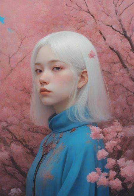 white hair, shoulder-length hair, straight hair, 20 years old, cute, pale skin, blushed face, snub nose, flowers, collar, blue theme, pink theme, digital artwork by Beksinski, portrait, sakura, vibrant colors