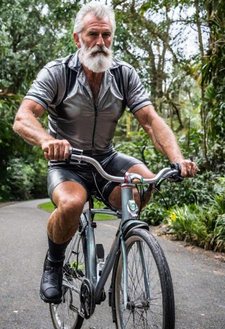 A hairy chested fit silver daddy, hunk, on a bike, cyclist equipment
