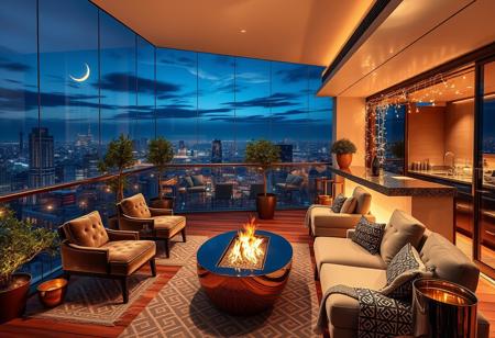 Elegant glass-walled penthouse terrace, panoramic cityscape views, twinkling skyscrapers, soft ambient lighting, plush velvet lounge chairs, copper fire pit glowing, potted olive trees, hanging fairy lights, mirrored cocktail bar, crystal glasses catching light, midnight blue sky, crescent moon, wispy clouds, distant fireworks, warm wooden decking, geometric patterned rugs, sleek modern design, floor-to-ceiling windows, subtle jazz music ambiance, starry night reflections, gentle breeze, aromatic herb garden, champagne bucket, cozy throw blankets, stylish outdoor kitchen, muted color palette, atmospheric mist, golden hour glow, exquisite detailing, hyper-realistic, 8k resolution, photorealistic rendering, masterpiece quality