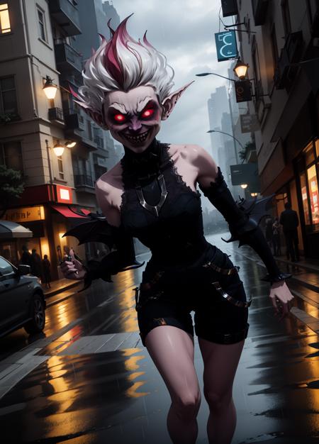 evilbriar, full body,city outdoors,rain,night, dark background, <lora:evilbriar-t1-000060:1>