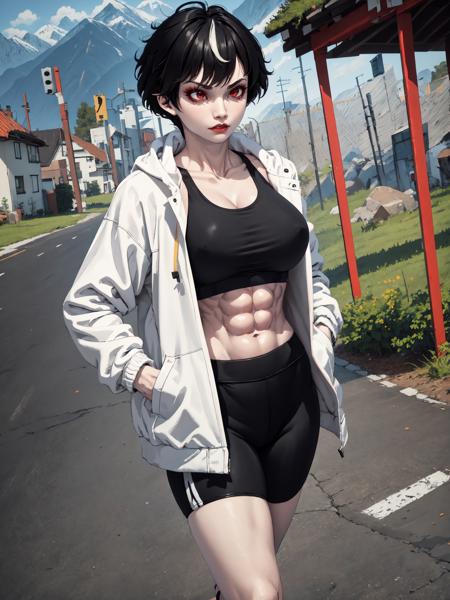 (masterpiece, best quality), outdoors, mountainside, walking, dutch angle, hands in pockets, btsub, 1girl, solo, makeup, eyeliner, red eyes, black hair, large breasts, short hair, streaked hair, <lyco:BlytheSubverse_V1-Manityro:0.9>, open jacket, white jacket, sports bra, yoga pants, muscular, abs, biceps