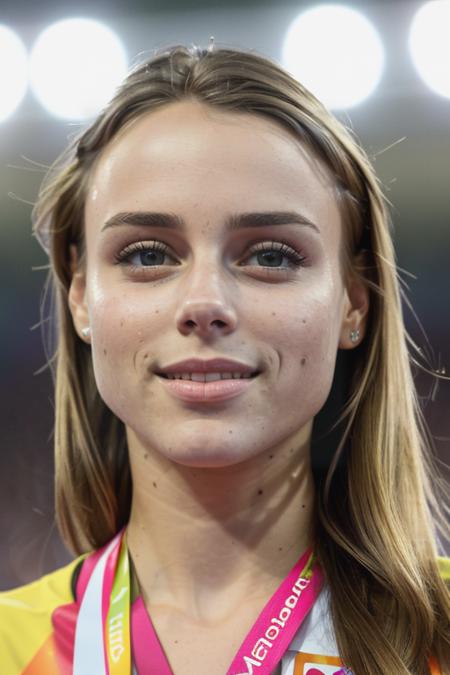 YuliyaLevchenko, (masterpiece, best quality, extremely detailed, perfect body, perfect face:1.2), wearing gold medal around neck, holding gold medal, Olympics, pose, modelshoot, waving to crowd, smile:1.7, standing, track and field uniform, stadium, (closeup on head and shoulders)