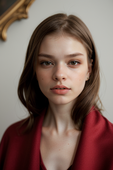 YarynaKostyuk, photography by (David LaChappelle:1.3), modelshoot, pose, ((dress)), (long red cape), (closeup on upper body:1.3), Flemish masters, luxurious fabrics, silk, Versailles, French aristocracy, palace interior, 1782, large oil paintings on walls, portrait