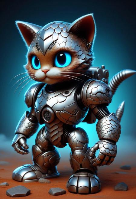scaleboundsdxl, (((score_9, Score_8_up, score_7_up))), Cute kitten, battle-worn mech robot designed for a futuristic combat game. The mech should have heavy armor plating, with visible joints and glowing power cores. Include weapons mounted on its arms, such as missile launchers and a plasma cannon. The design should showcase mechanical details, rust, and dents to emphasize its use in combat, with glowing rgb lights indicating its power source is enable electricity, scales glow,