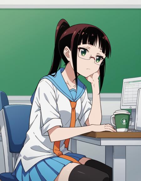 ruri miyamoto, long hair, bangs, black hair, green eyes, ponytail, glasses, blunt bangs, skirt, shirt, thighhighs, school uniform, collarbone, white shirt, pleated skirt, necktie, serafuku, sailor collar, blue skirt, blue sailor collar, orange necktie,