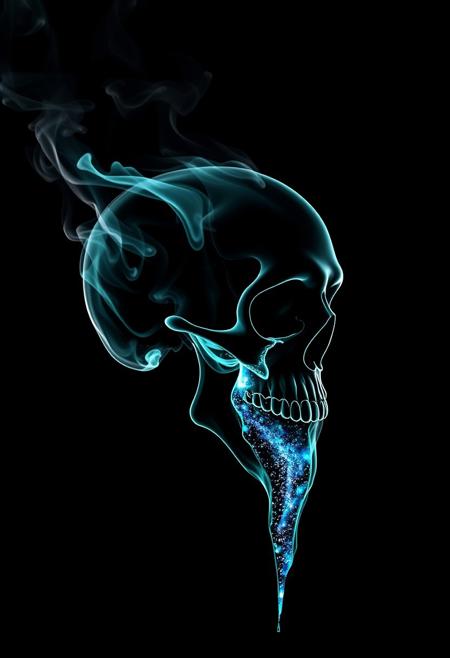Skull, black background, slhouette black and white outline, skull made of smoke, neon teal_flames, pov sideview, smoke rises from back of skull, skull mouth open, jaw open, pouring out Galaxy in a liquid form, Galaxy waterfall from open mouth of skull