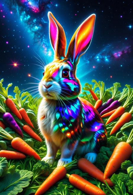 CD Repeat, Masterpiece, best quality, amazing quality, absurd, latest, volumetric lighting, UHD, SFW, vibrant colors, neon, vivid colors, rabbit made of cd's, harvesting magical carrots in the summer heat, exquisite detail, digital art, realistic, highly detail, beautiful, surreal, dramatic, galaxy fantasy colors, No_Humans,