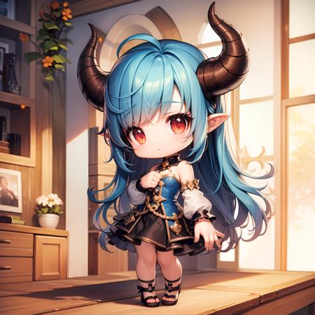 ((masterpiece, best quality)),(complex lighting), solo, full body, 1girl,red eyes,blue hair,shirt,skirt, horns, <lora:maplestory_2_ver1-10:0.8>,chibi,