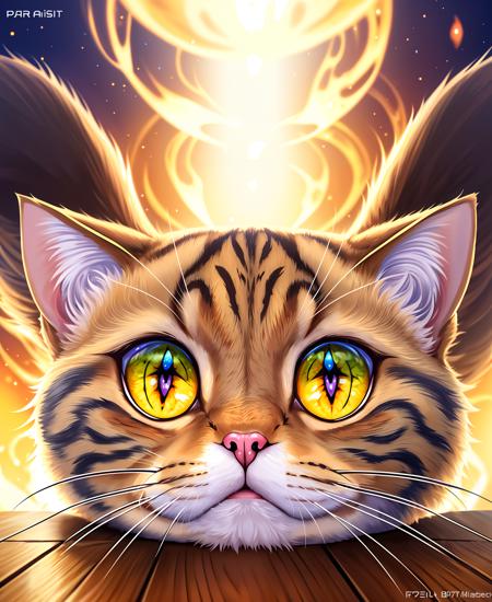 a painting of a kawaii cat,  (masterpiece, best quality), particle effects, epic explosion background, vivid, hdr, night time, very detailed, (cell shaded:1.2), ray tracing, party cat