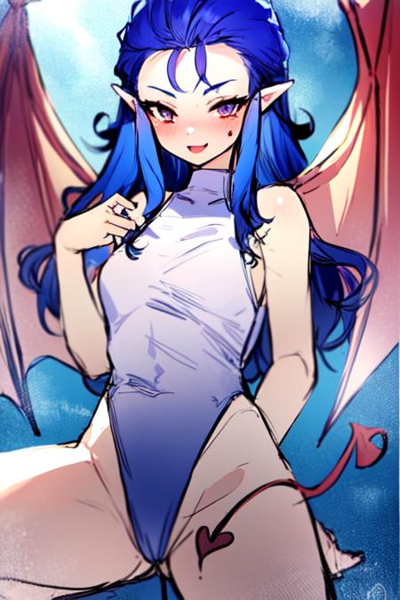  Lilim, leotard, demon wings, wink, blue hair, pointy ears