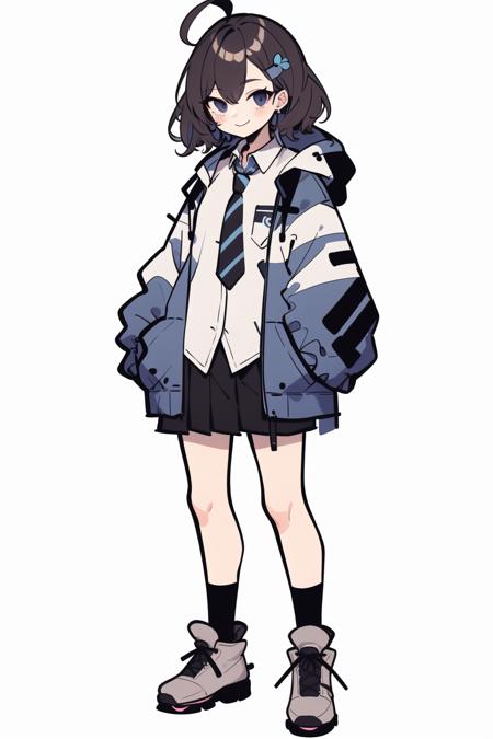 <lora:clear_bess:1>, 1girl, solo, skirt, blue eyes, brown footwear, hair ornament, white background, hair between eyes, smile, socks, shirt, shoes, pleated skirt, bangs, closed mouth, full body, white shirt, necktie, black hair, virtual youtuber, simple background, collared shirt, jacket, loafers, blush, plaid, standing, ahoge, open clothes, hood down, hood, long sleeves, open jacket, blue skirt, looking at viewer, blue necktie, plaid skirt, blue jacket, striped, drawstring, hooded jacket, hairclip, diagonal-striped necktie, hair flower, puffy sleeves, flower, hair flaps, school uniform, wristband, dress shirt