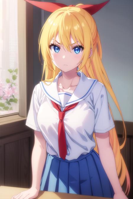 chitogekirisaki, <lora:chitoge kirisaki s2-lora-nochekaiser:1>,
chitoge kirisaki, long hair, blue eyes, blonde hair, ribbon, hair between eyes, very long hair, hair ribbon, multicolored hair, red ribbon, gradient hair, angry, frown,
BREAK skirt, shirt, thighhighs, school uniform, collarbone, white shirt, pleated skirt, necktie, serafuku, sailor collar, red ribbon, blue skirt, blue sailor collar,
BREAK indoors, classroom,
BREAK looking at viewer, (cowboy shot:1.5),
BREAK <lyco:GoodHands-beta2:1>, (masterpiece:1.2), best quality, high resolution, unity 8k wallpaper, (illustration:0.8), (beautiful detailed eyes:1.6), extremely detailed face, perfect lighting, extremely detailed CG, (perfect hands, perfect anatomy),