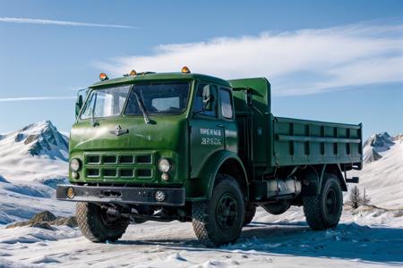 photo RAW,( <lora:maz500:0.75>, a green truck parking on Snowy mountain peak under the clear blue sky,Realistic, realism, hd, 35mm photograph, 8k), masterpiece, award winning photography, natural light, perfect composition, high detail, hyper realistic, dusty atmospheric haze, high quality textures of materials, volumetric textures, coating textures, metal textures