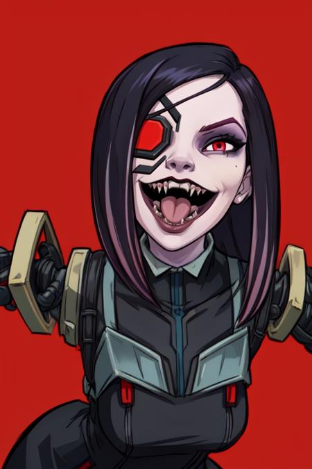 Beatrix, red eyes, pale skin, black hair, eyepatch,  mechanical arms, tongue, 
black dress, 
 solo, upper body, standing,  evil smile,  open mouth,  leaning forward,  sharp teeth, 
cyberpunk background, red themed background, stars, 
(insanely detailed, beautiful detailed face, masterpiece, best quality) 
 <lora:Beatrix-10:0.7>