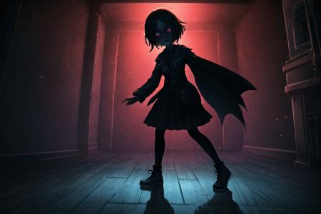 identity v, 1girl, very dark, horror, full body, red light, 
extremely detailed CG unity 8k wallpaper, masterpiece, night, dark, best quality, Cool colors, dimly lit, low key, colorful, 8k, detailed background, shadow, ray tracing, modelshoot style, ultra detailed, ultra quality, 
indoors, dancing, 
<lora:IdentityV:0.8>,