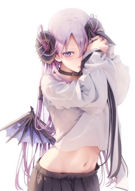 1girl, solo, tail, long hair, purple eyes, demon tail, white background, wings, skirt, horns, black skirt, white shirt, shirt, purple hair, simple background, demon wings, parted lips, long sleeves, bangs, very long hair, looking at viewer, choker, black choker, demon girl, demon horns, sleeves past wrists, arms up, midriff, crop top, mini wings, hands in hair, low wings, blush, hands up, navel, curled horns, pink hair, hair between eyes, standing, puffy sleeves, :o<lyco:JIMA_artist-000020:1>JIMA_style