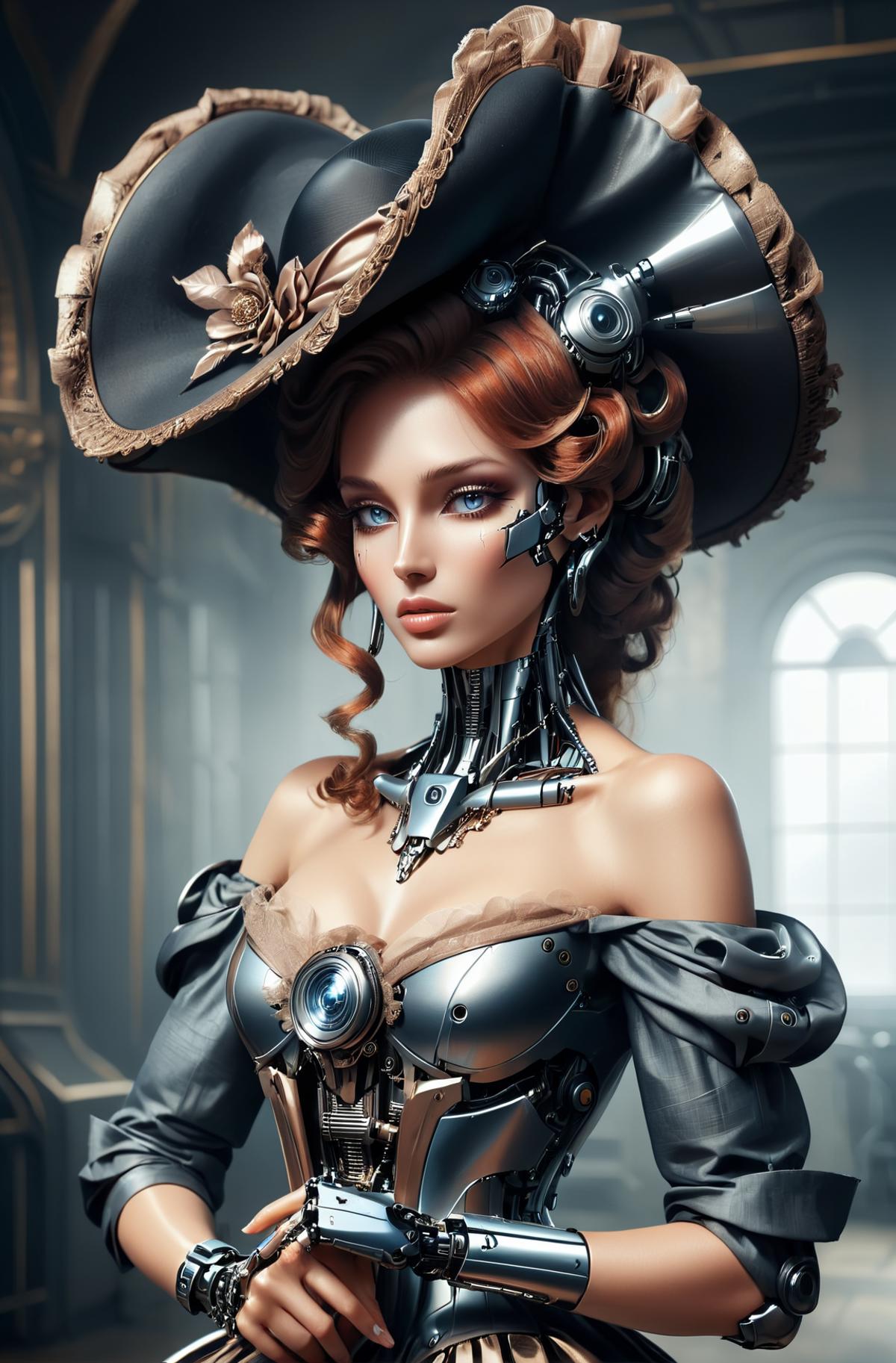 A 3D animated woman with a hat, goggles, and metal parts on her body.