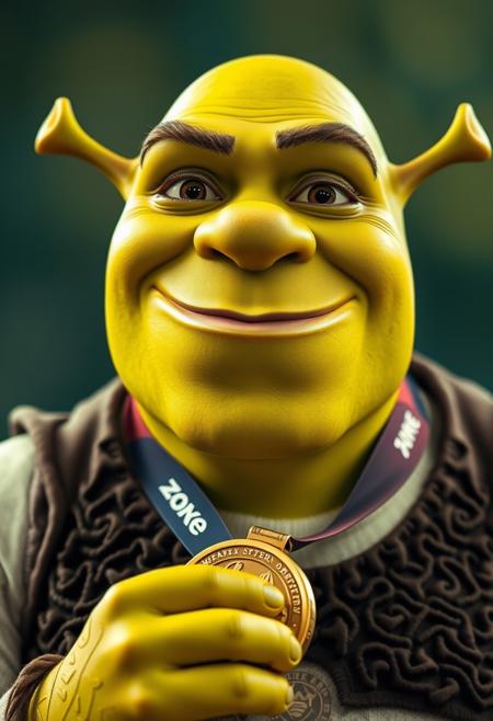 Shrek, in his iconic outfit, is celebrating the gold medal in the olympics. It's a close up shot of Shrek face, with a smile and some tears, he's looking towards the camera, as if posing for a picture, the gold medal close to his face.