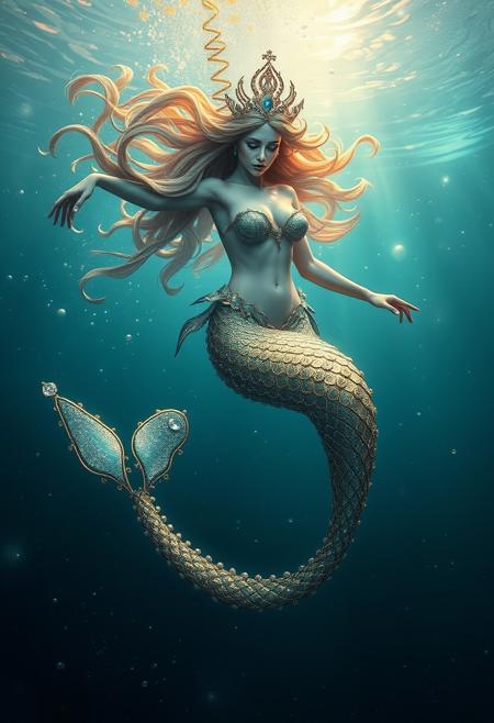 Mystical ethereal siren mermaid swimming deep in the ocean abyss surrounded by elements of gold silver and (iridescent) colors. Beneath her are small diamonds and pearls captivating masterpiece whimsical depth