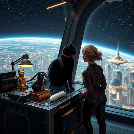 A sleek black cat with red collar sits on a cluttered metal riveted desk with transparent top and micro-LED lighted computer components visible inside, On the desk is a gold and lacquer maneki neko statue and an art deco desk lamp, the Black Cat is looking out of a seamless and futuristic floor to ceiling window that looks out at a planet from low orbit, the planet is covered with the lights of enormous buildings and cities, (((a beautiful woman, 24 years old, is standing next to the desk the cat is sitting on and looking longingly out the window, the woman is dressed in an ornate Japanese style shirt and tight leather pants with an ornate design. An enormous deco starship with futuristic lighting and an enormous space station are visible in the background among the stars, The woman's hair is messy from just waking up and tied up with a ribbon.  Artistic cyberpunk, dynamic perspective, (((overall architectural aesthetic is Art Deco Cyberpunk))).  Epic image that elicits a feeling of wonder and awe,