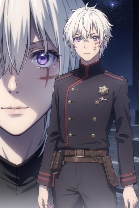 allen walker, (purple eyes:1.1), white hair, male focus, scar, facial mark, uniform, military, military uniform,