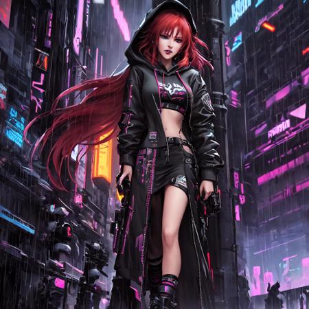 best quality, masterpiece, cinematic, realistic, cyberpunk, cyberpunk city, neon, volumetric lighting, black sky, (raining, thunderstorm), 1girl, (cyberpunk clothing, hoodie, pants, punk clothes), (flowing red hair), water reflecting off ground, from behind, ((hidden face)),   <lora:masterpiece:10>