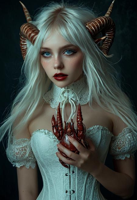 This is a highly stylized, surreal photograph with a dramatic, ethereal quality. The subject is a young woman with porcelain skin and platinum blonde hair styled into two large, curved horns that resemble a unicorn's horns. Her hair is voluminous and meticulously styled, with a slightly messy, yet controlled appearance. She has striking, almost ethereal blue eyes and her lips are painted a deep red. Her expression is calm and contemplative.
She wears an elaborate, intricate, off-white, lace-up corset that cinches her torso and features a high, ruffled collar, giving her a Victorian-era aesthetic. The texture of the lace is detailed and delicate, with intricate patterns that add to the surreal, otherworldly atmosphere.
In her right hand, she delicately holds a small, detailed crab, which appears to be made of a smooth, almost porcelain-like material, matching her skin tone. The crab has a realistic, almost lifelike quality, contrasting with the ethereal nature of the scene. 
The background is a dark, gradient green that fades into the darkness, focusing attention on the subject. The lighting is soft, casting gentle shadows that emphasize the textures of her hair and the lace on her corset.