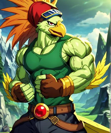 G4nos bird alien dragonball z muscular red eyes light green skin orange head feathers yellow head feathers 1boy solo goggles sleeveless shirt pants