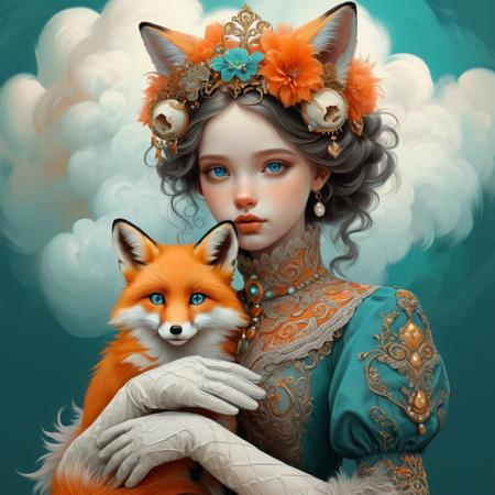 A fantastical digital painting features a young girl with striking blue eyes, rosy cheeks, and pale skin, holding a vibrant orange fox. The girl has voluminous, curly dark gray hair adorned with an elaborate headpiece made of intricate gold filigree, pearls, beads, and small animal skulls. Her attire includes a high-necked dark green lace dress with golden embellishments, featuring a fur overlay on her shoulders and arm-length gloves with delicate patterns. The girl's expression is neutral yet captivating as she looks directly at the viewer, conveying a sense of calm focus. She gently cradles the fox in her arms, which rests close to her chest. The fox has rich orange-red fur with white accents around its face and inner ears, large amber-colored eyes that reflect light, and distinctive darker markings around its ears and nose. Its front paws are wrapped around the girl's arms, while its back rests against her body. The background consists of abstract, swirling patterns resembling clouds or waves in shades of teal, turquoise, and aqua blue, creating a dreamlike atmosphere. This surrealistic setting blends into fluffy, textured clouds in warm peach and light brown hues, enhancing the mystical ambiance