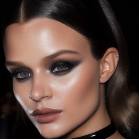 Portrait of ((stunning)) (joskriver1)   <lora:joskriver1-10:1> wearing a (black choker) with (black:1.5), ((highly detailed eyes)), ethereal, seductive, ((perfect eyes)), (glossy nude lips), photorealistic, full, 4K, trending on artstation,( masterpiece), realistic skin texture, ((small nose)),perfect profile,, studio lighting